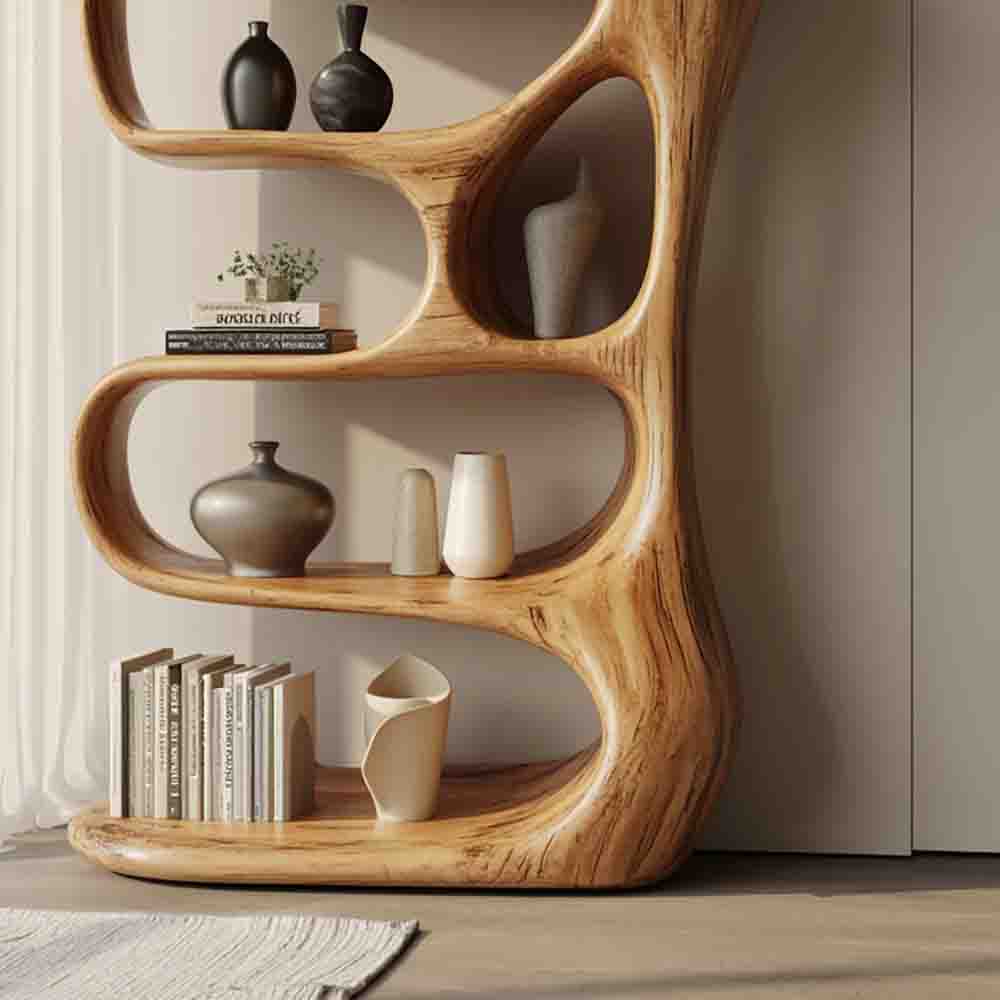 Sculptural hand-carved bookshelf in solid wood