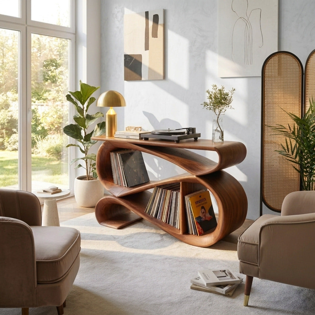 Sculptural solid wood infinity loop record player console in a contemporary interior