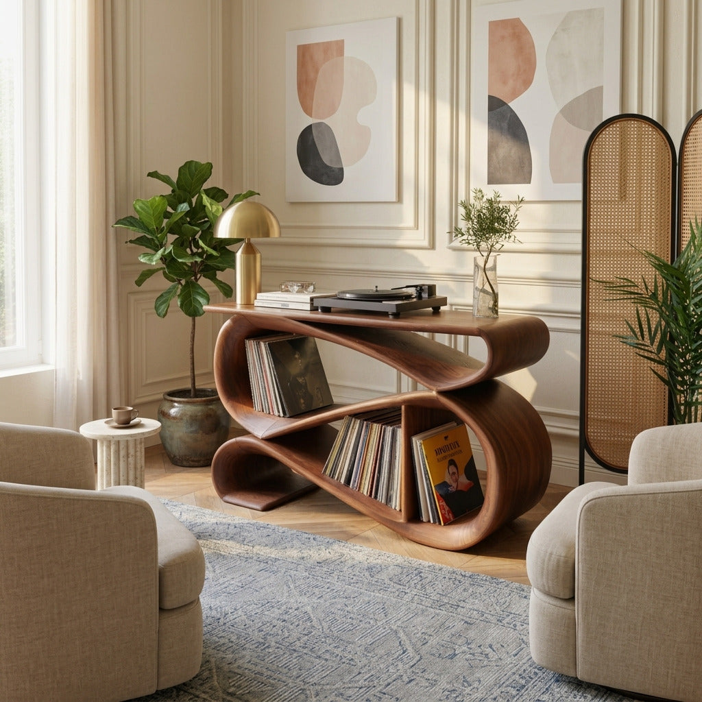 Artistic wooden record player console crafted from solid wood
