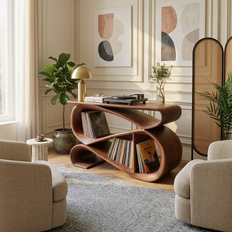 Artistic wooden record player console crafted from solid wood