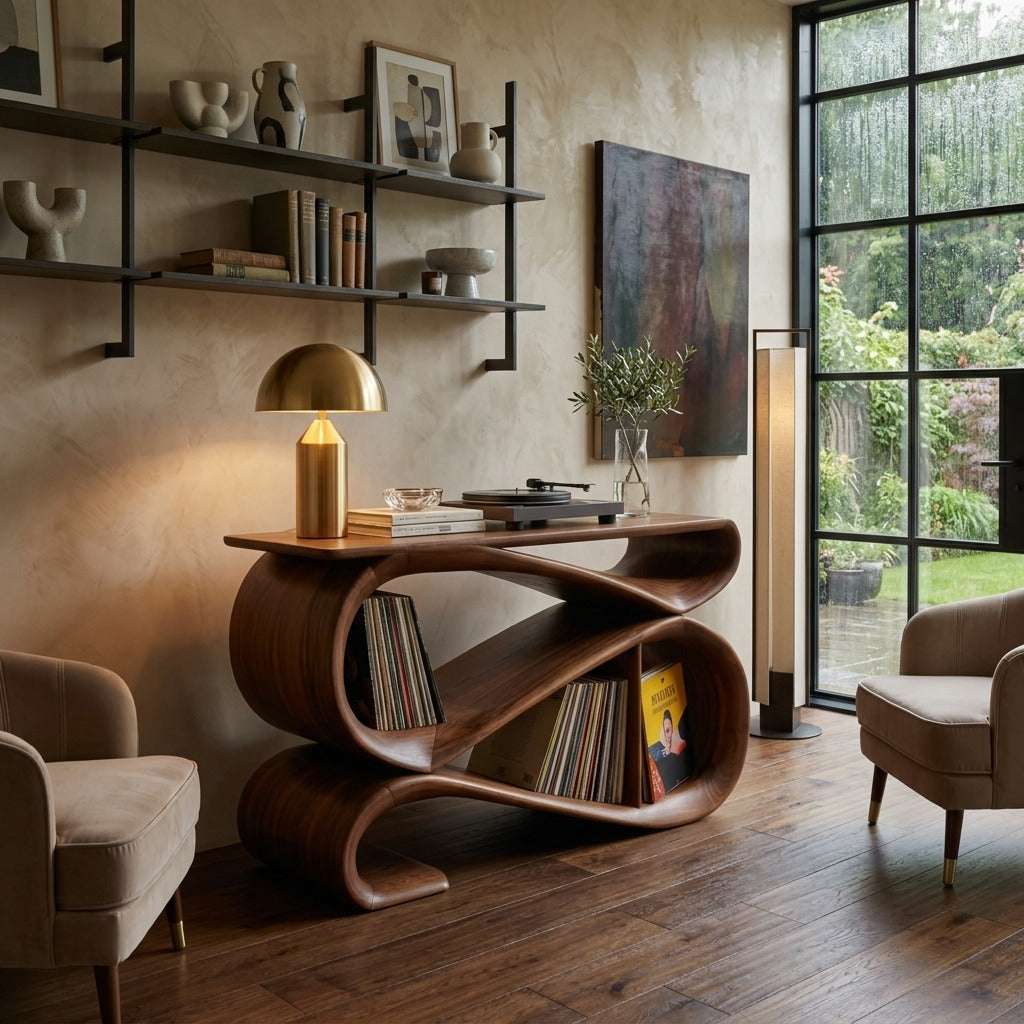 Modern solid wood record player console in a stylish home
