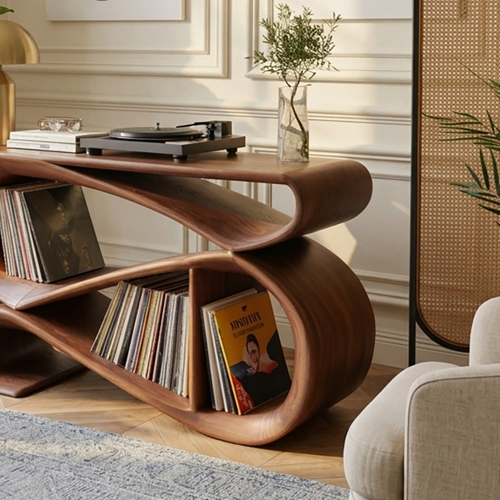 Sculptural solid wood accent table with infinity loop design