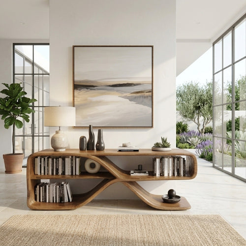 Sculptural Solid Wood Open Sideboard - Hand-Carved Wave Bookshelf