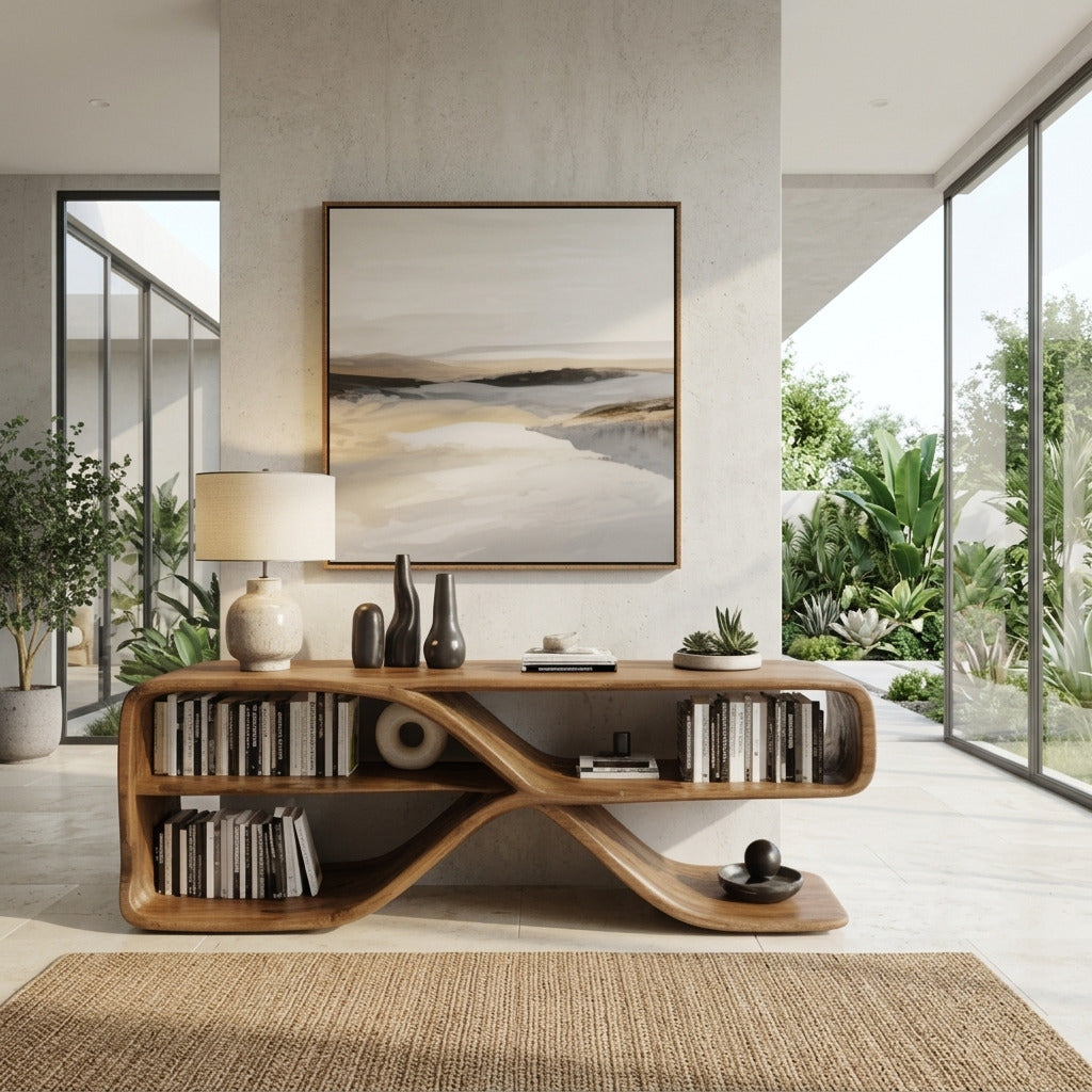 Sculptural solid wood open sideboard in a modern living room