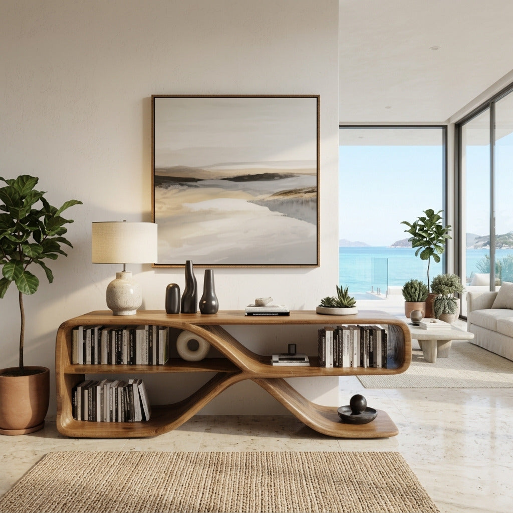 Hand-carved solid wood wave bookshelf in a contemporary home