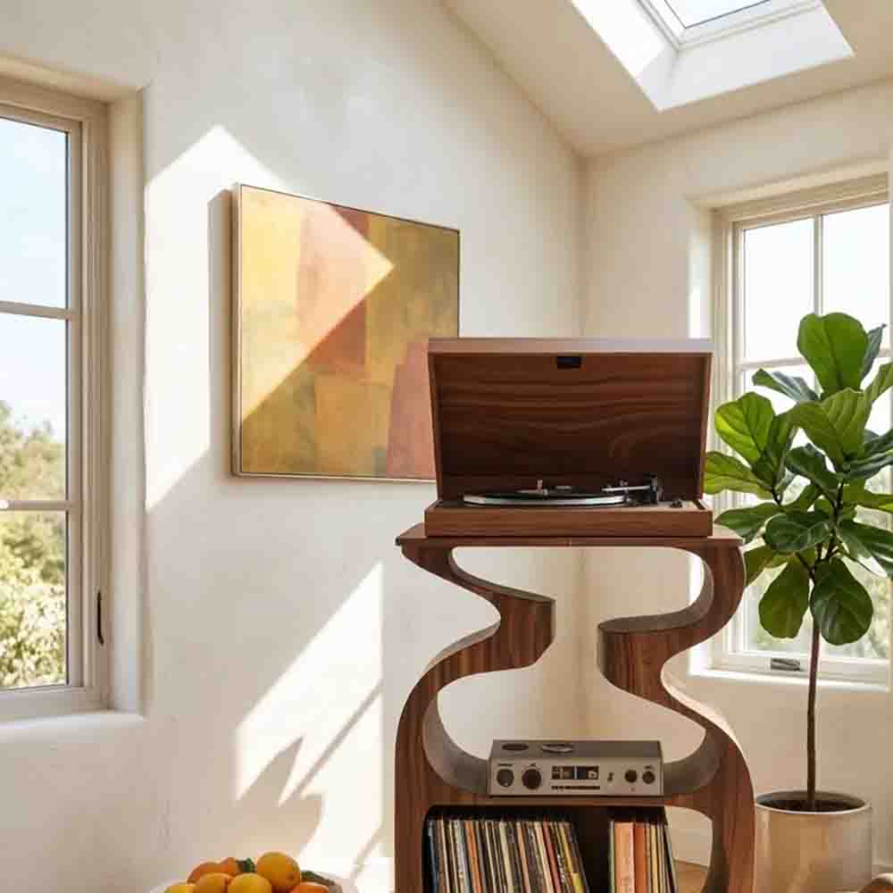 Modern vinyl storage console in solid wood