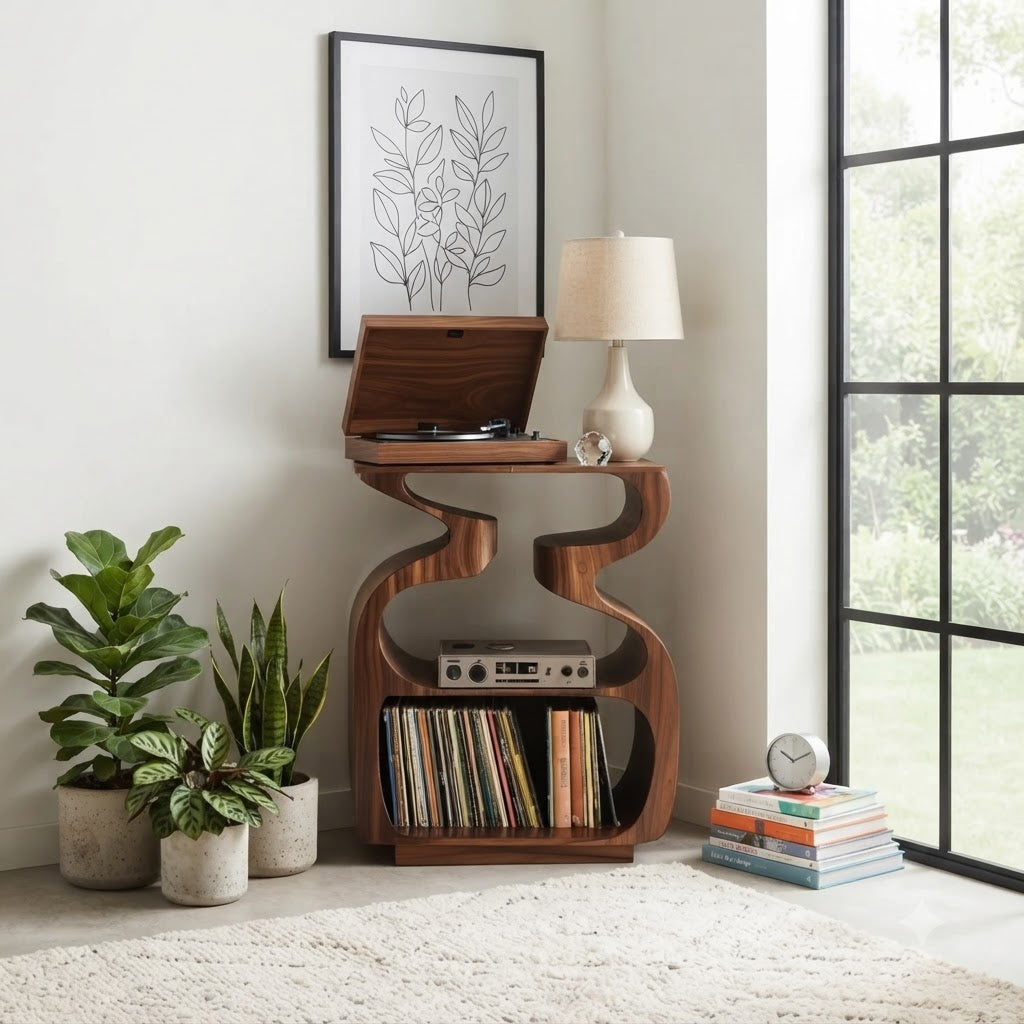 Sculptural S-curve record player stand in solid wood