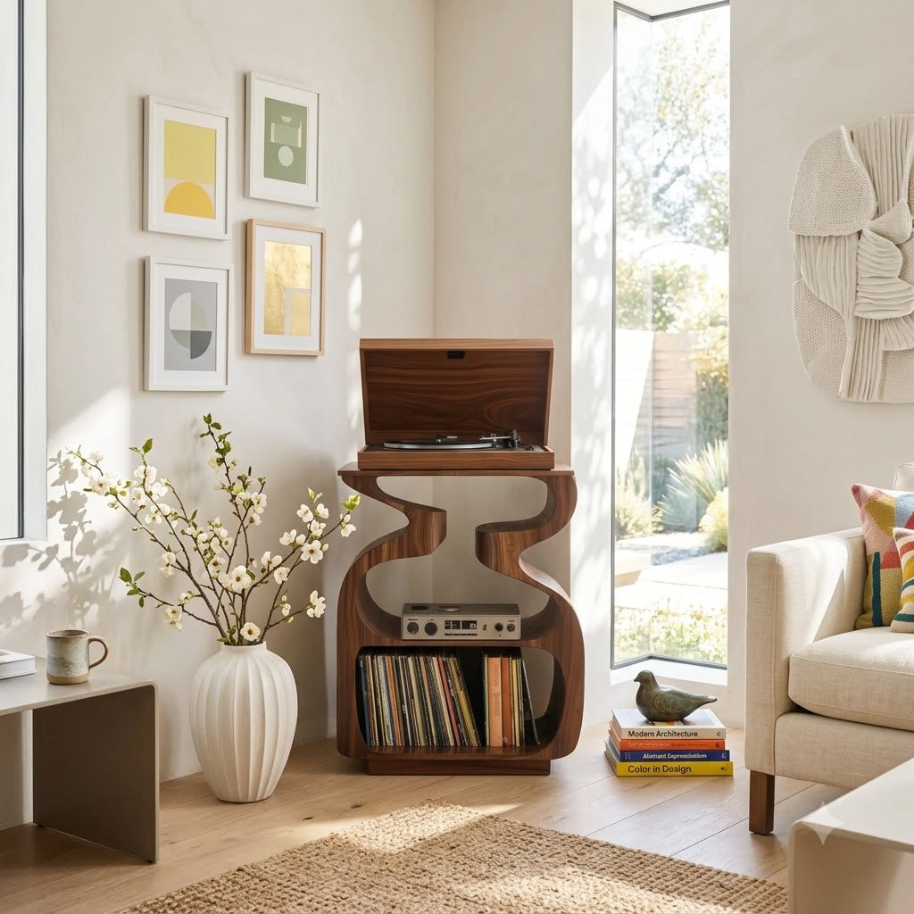 Sculptural solid wood S-curve record player stand in a contemporary living room