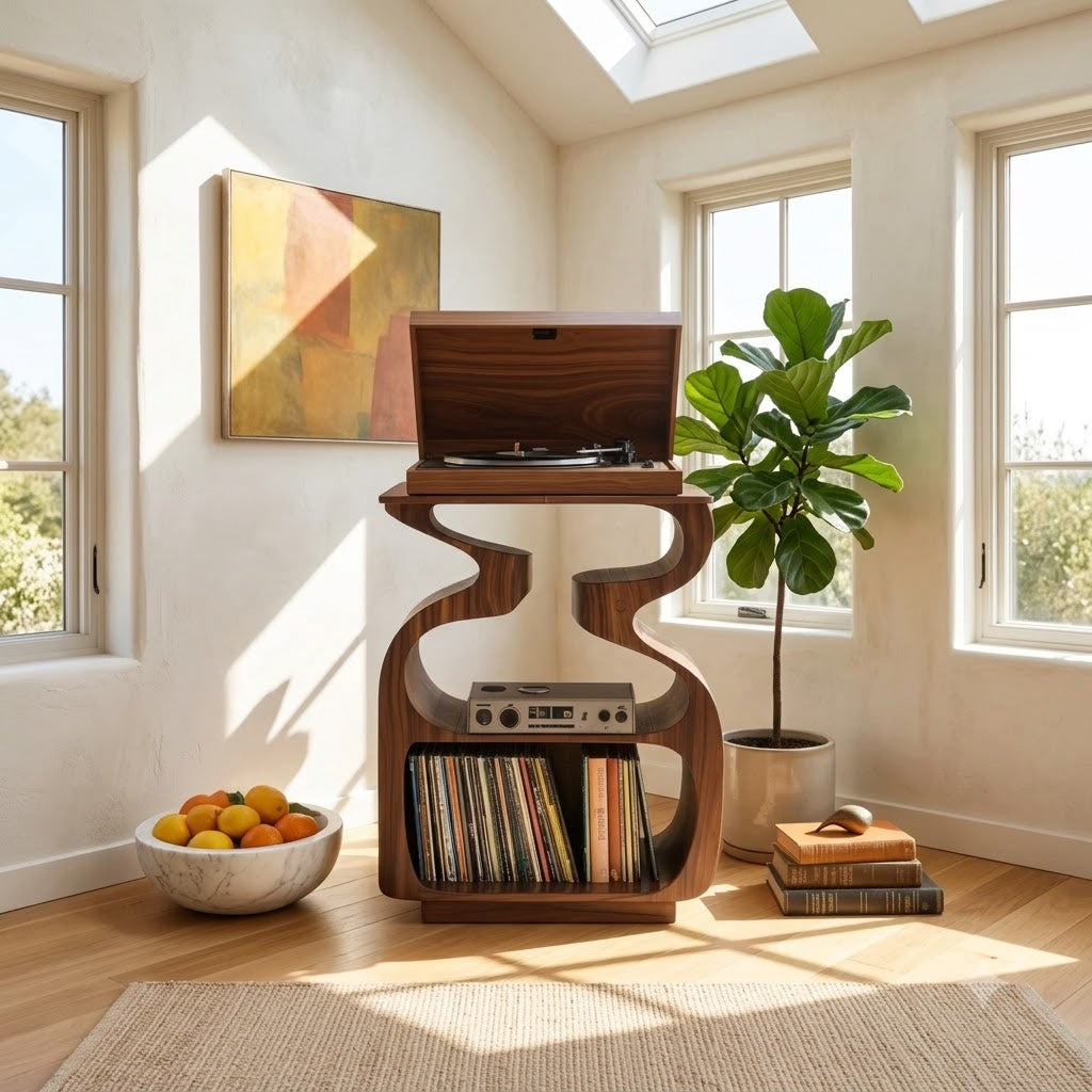 Sculptural solid wood record player stand showcased in a modern home interior