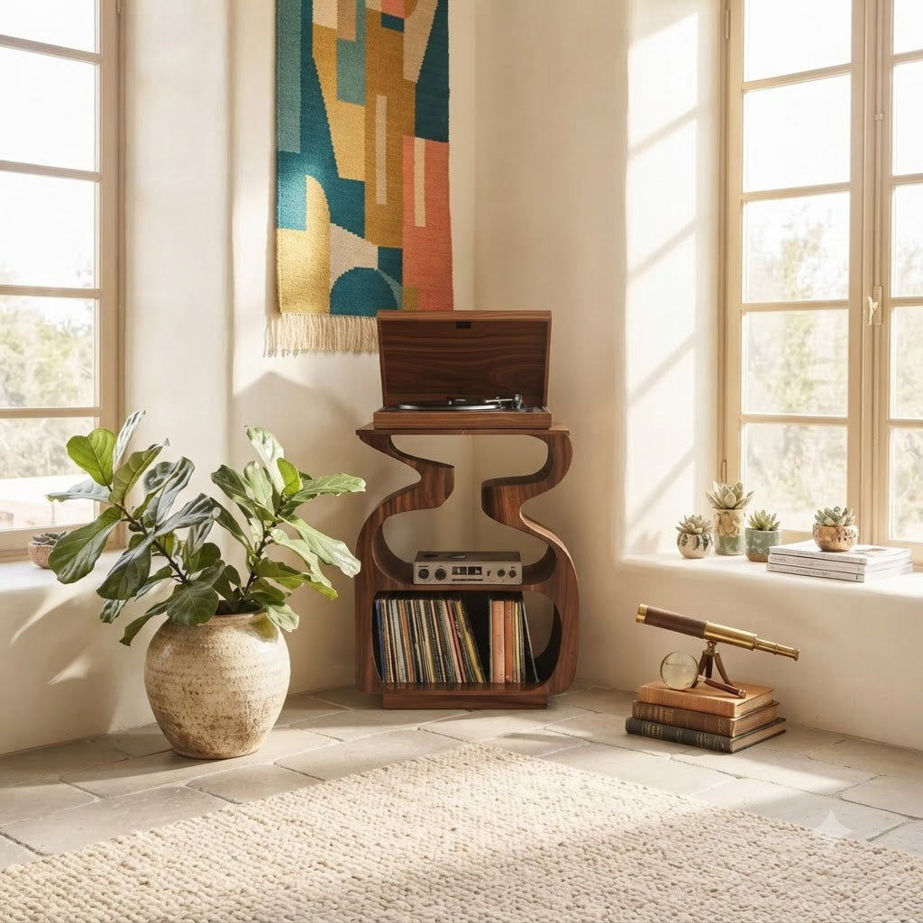 Modern solid wood vinyl storage console styled in a minimalist listening room