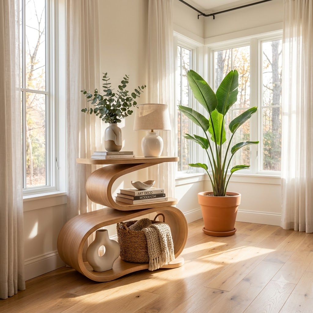 Modern solid wood tiered console table styled in a minimalist entryway