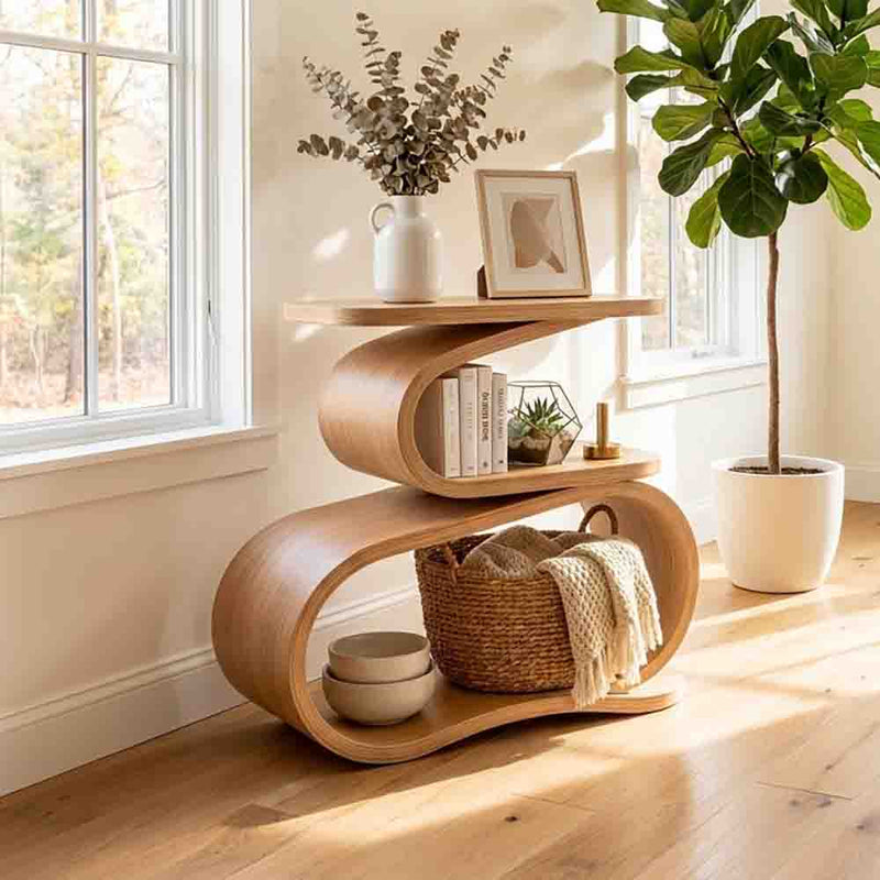 Sculptural S-curve accent table in solid wood