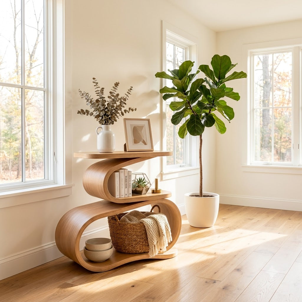 Sculptural solid wood tiered console showcased in a modern home interior