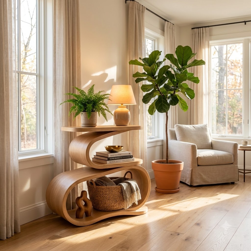 Sculptural solid wood S-curve accent table in a contemporary living room