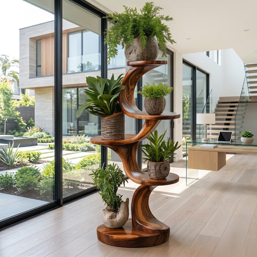 Organic plant display stand crafted from solid wood