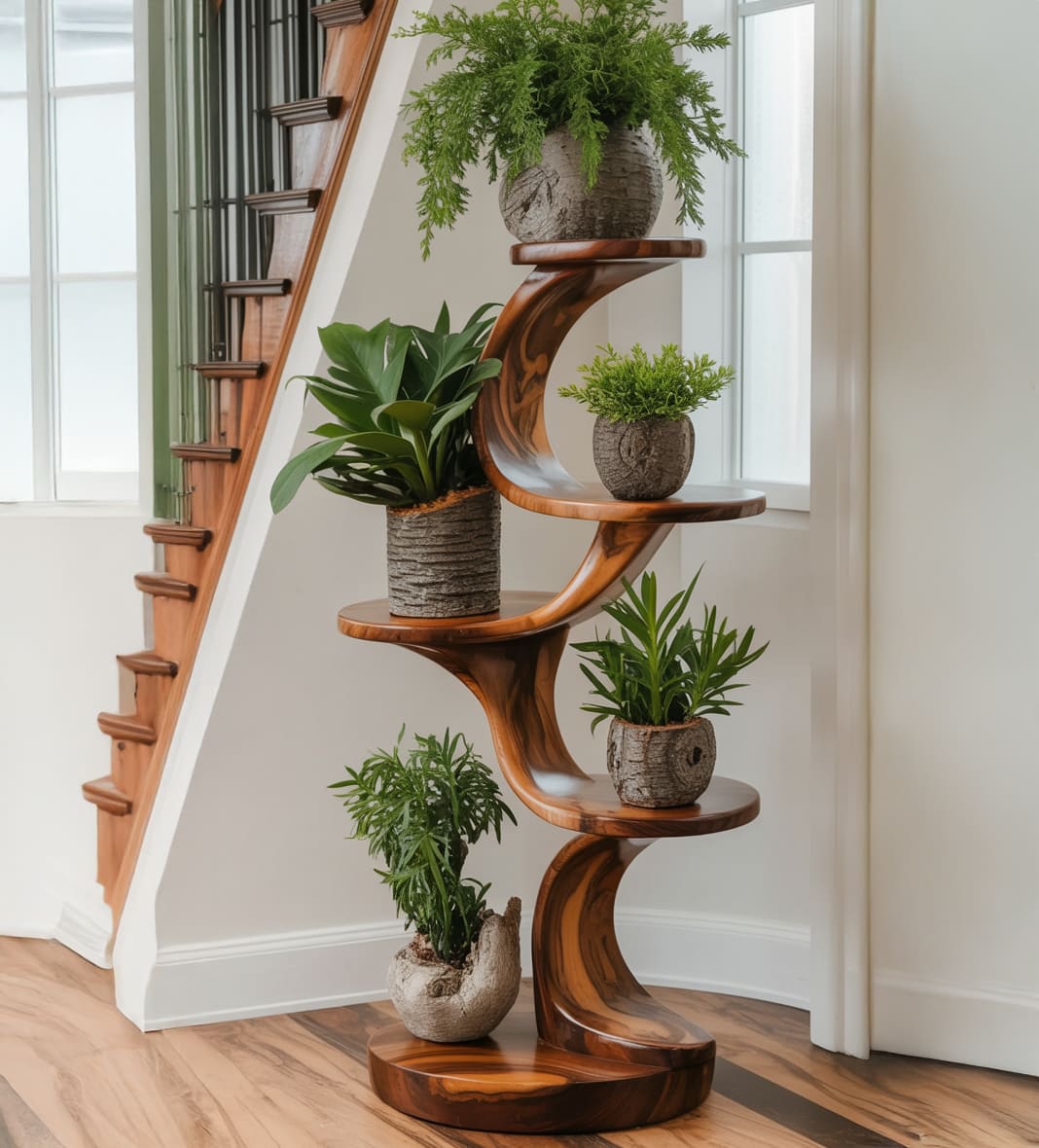 Sculptural solid wood spiral plant stand in a bright living room