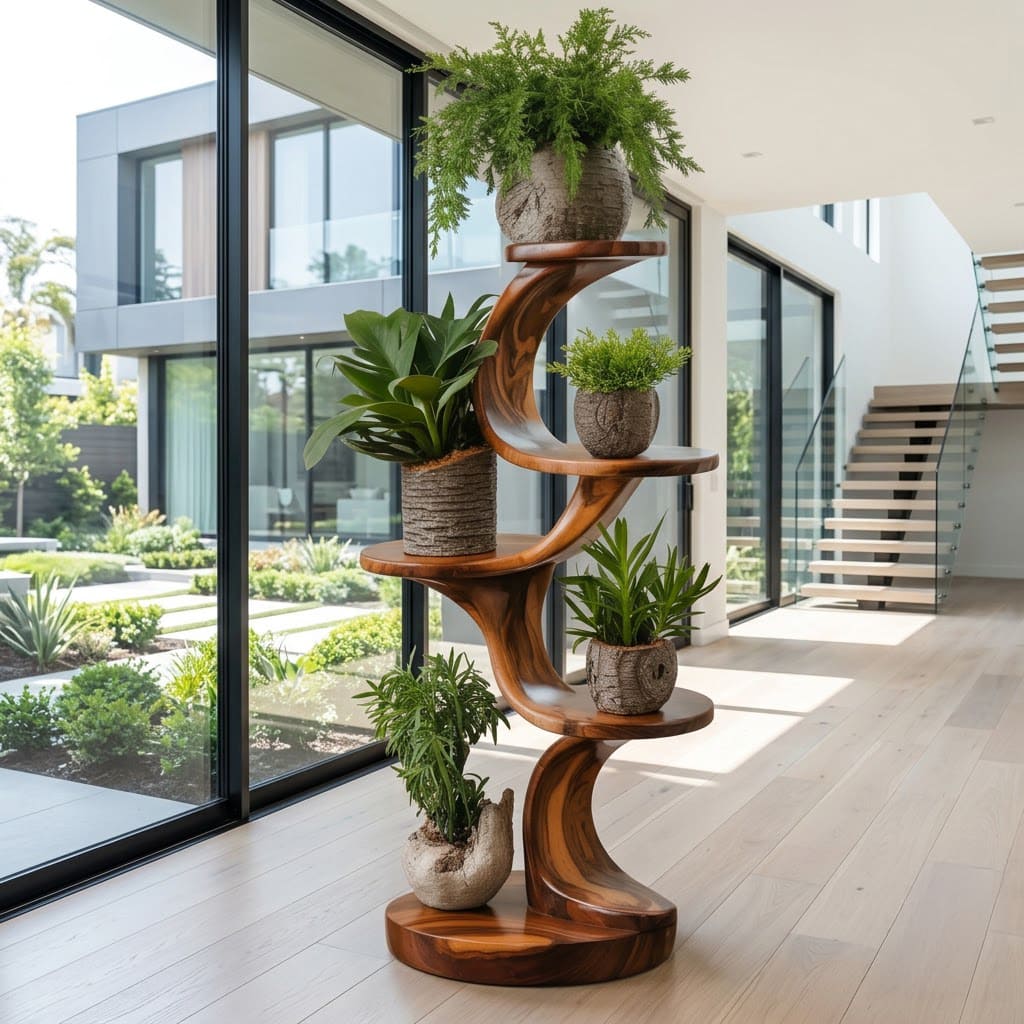 Organic solid wood tiered botanical display shelf styled in a modern sunroom