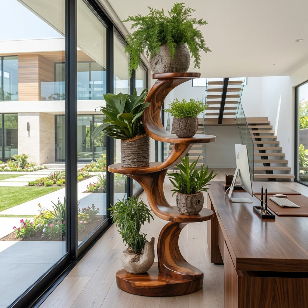 Organic solid wood spiral plant stand showcased in a stylish home interior