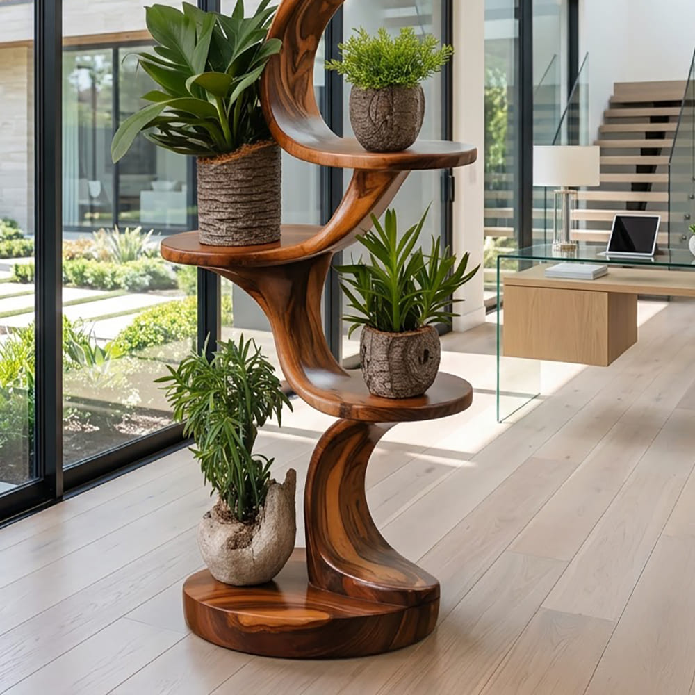 Tiered botanical display shelf in solid wood