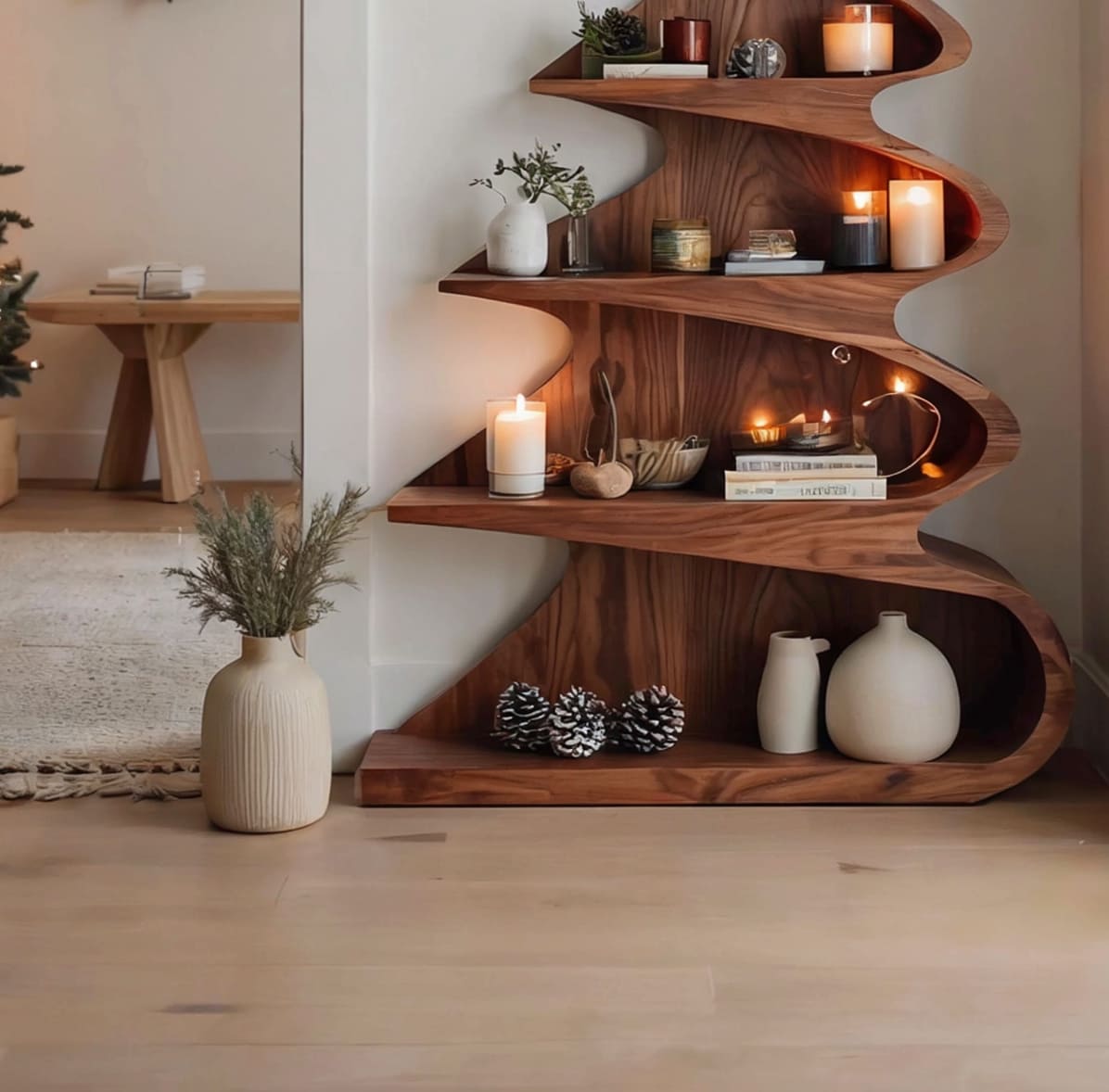 Modern sculptural wooden tree bookshelf