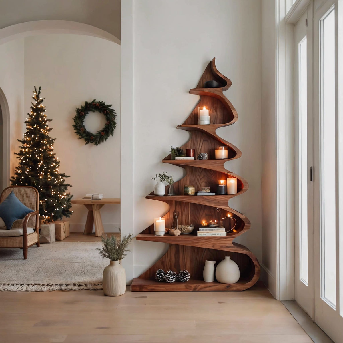 Contemporary organic tree shelf crafted from solid wood