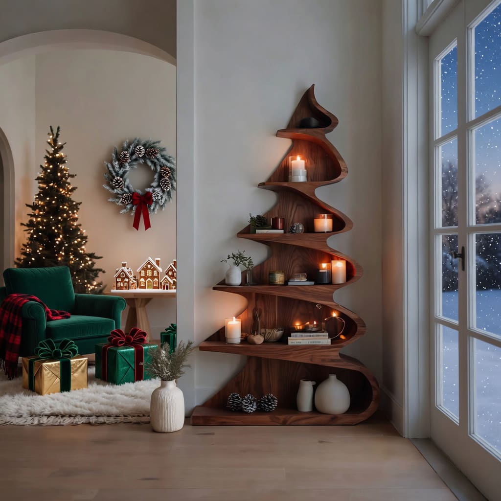 Sculptural solid wood tree bookshelf in a modern living room
