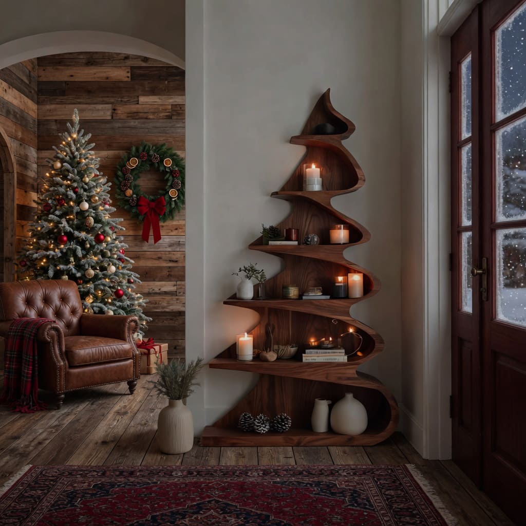 Organic tree display shelf adding natural elegance to a modern reading nook