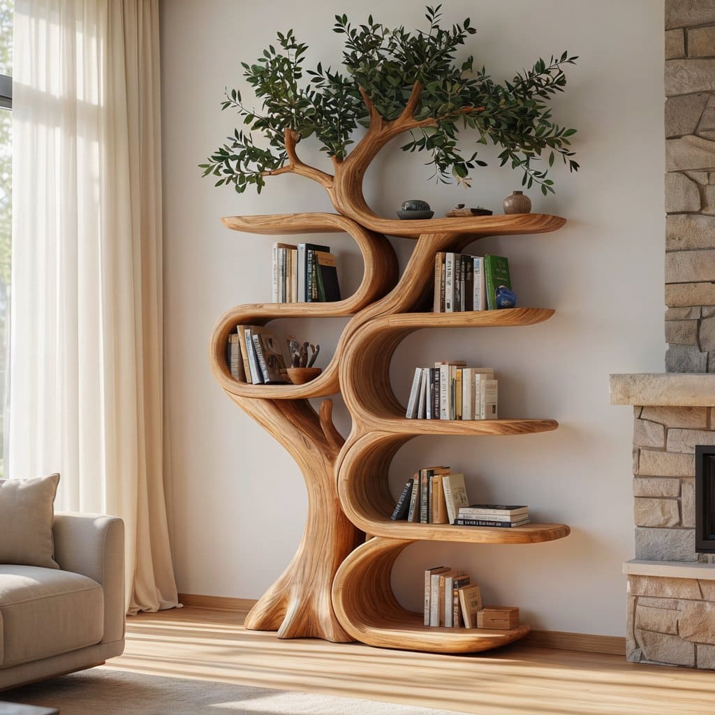 Organic ribbon display bookcase in solid wood