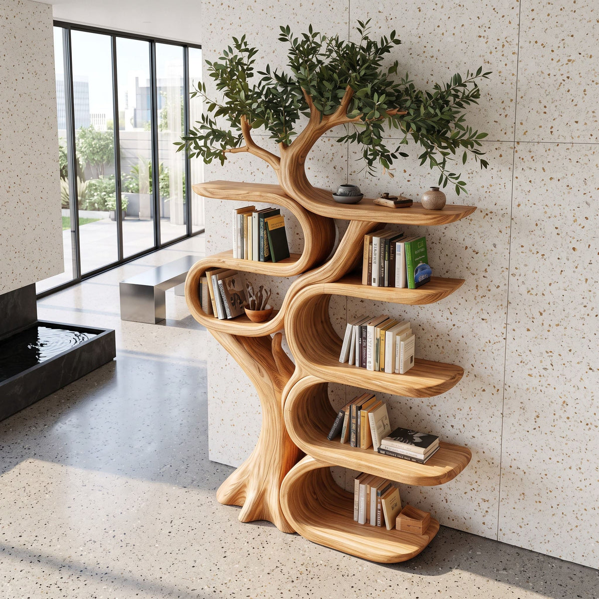 Sculptural solid wood tree bookshelf in a contemporary living room