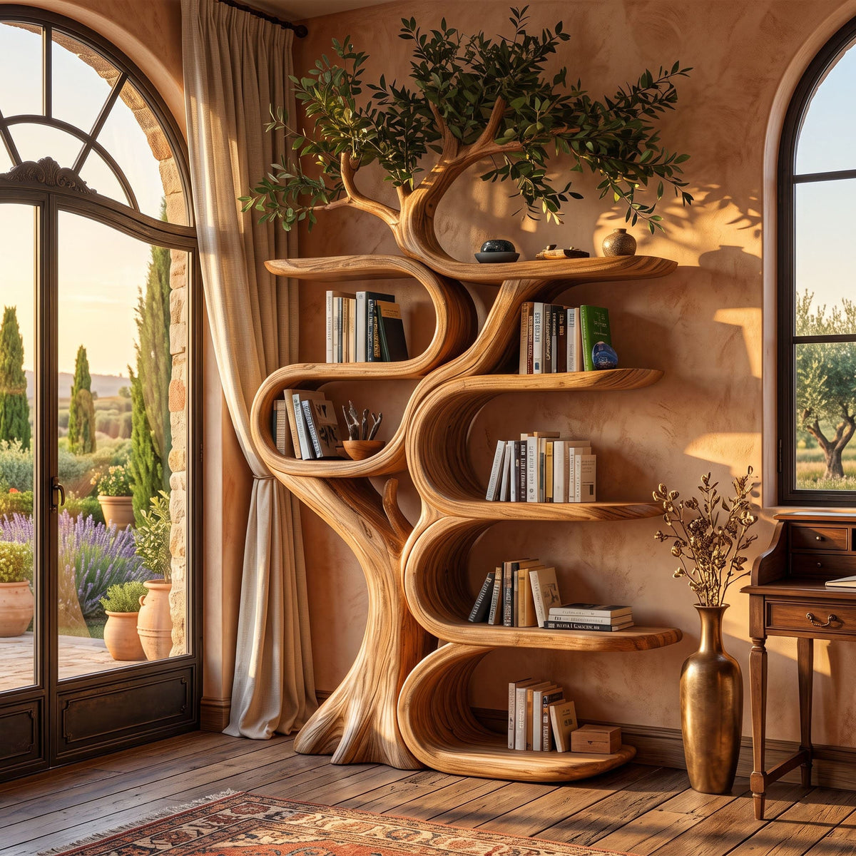 Organic solid wood ribbon display bookcase styled in a modern reading nook