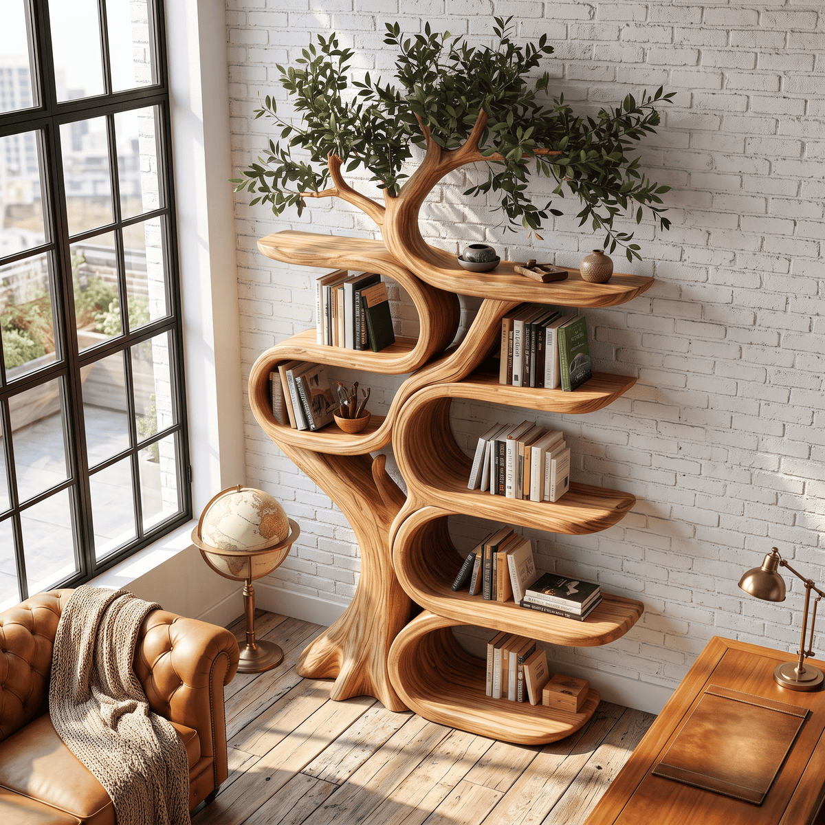 Artistic solid wood tree bookshelf showcased as a statement display piece