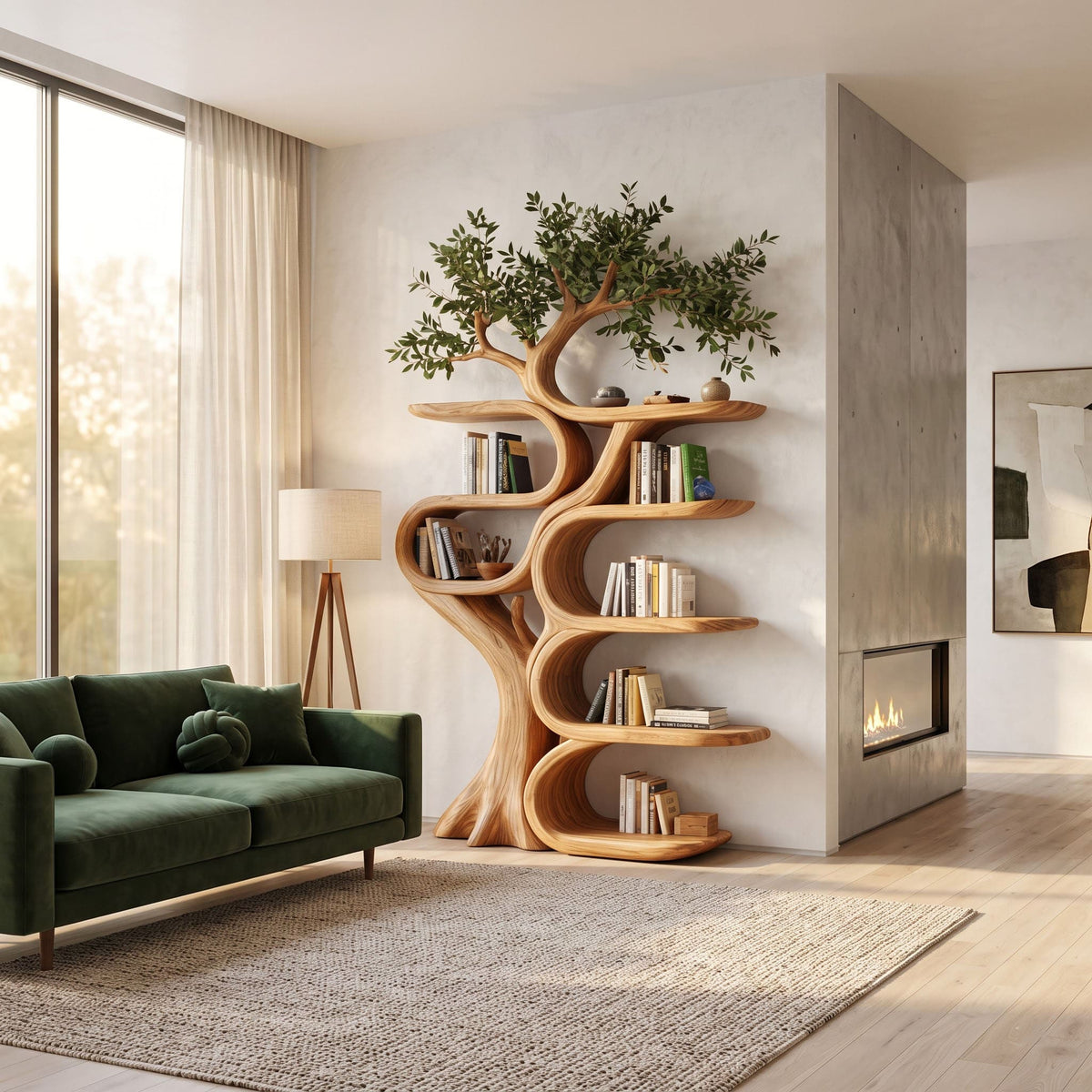 Sculptural solid wood tree bookcase displayed in a minimalist living room