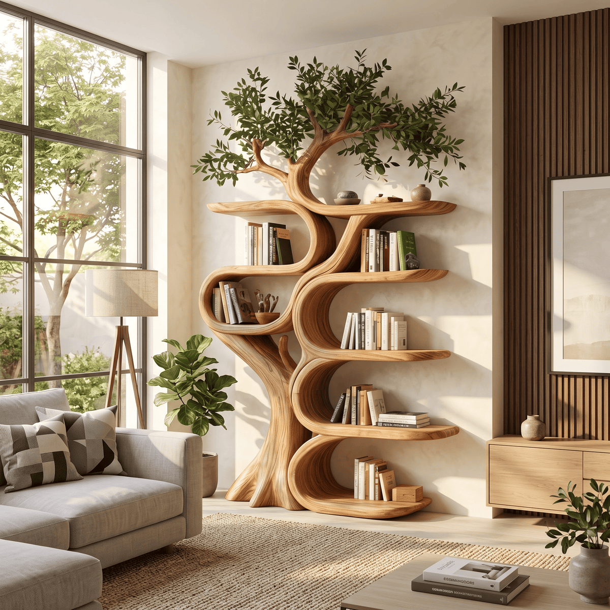 Organic solid wood ribbon bookshelf enhancing a contemporary living space