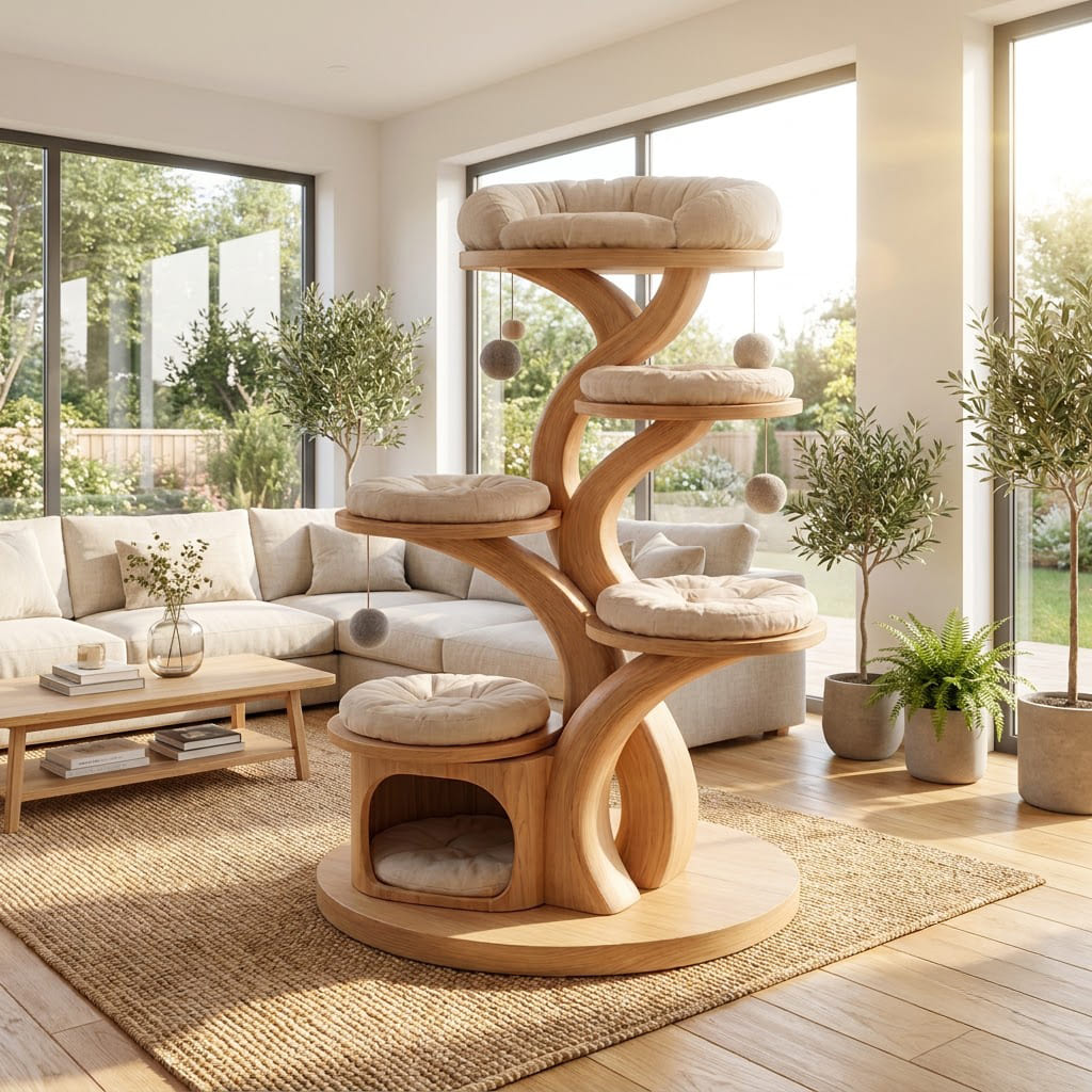 Sculptural multi-tier cat tree tower in solid wood