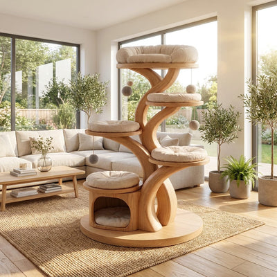 Sculptural Solid Wood Tree Cat Tree Tower & Multi-Tier Luxury Condo
