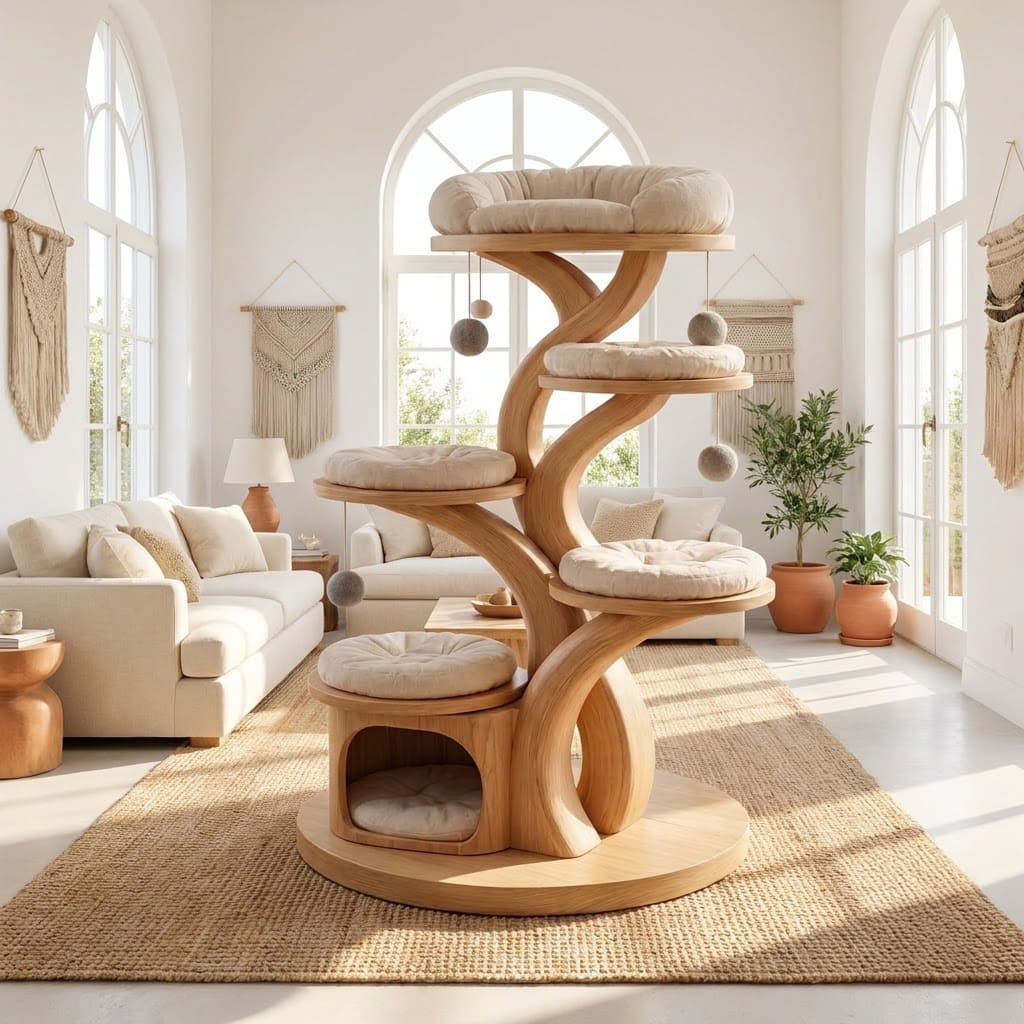 Sculptural solid wood cat tree tower in a modern living room