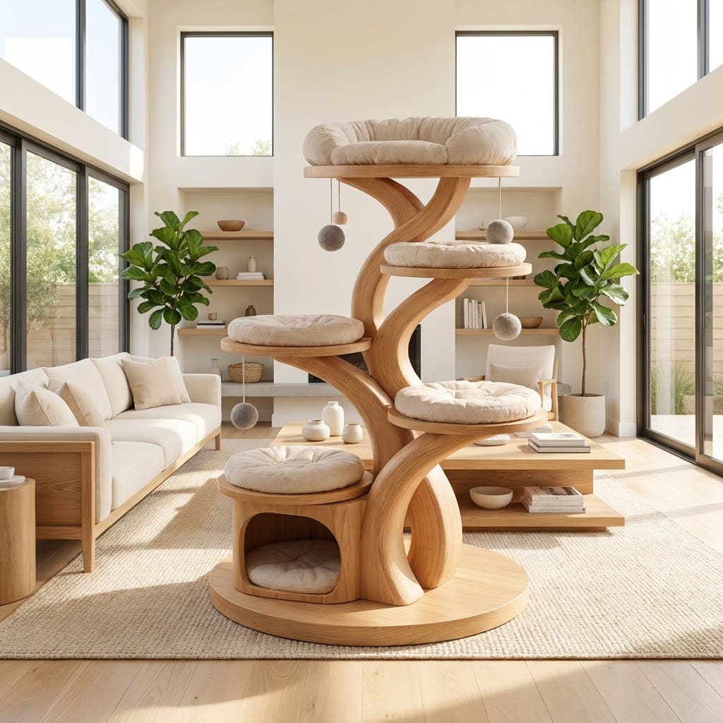 Luxury solid wood cat tree tower in a contemporary living space