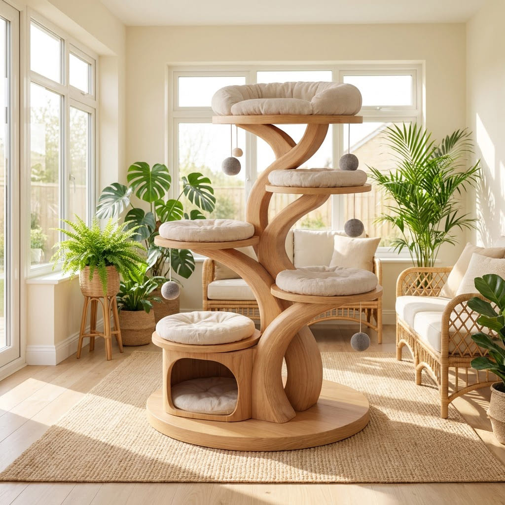 Multi-tier solid wood cat tree condo for a stylish pet-friendly home