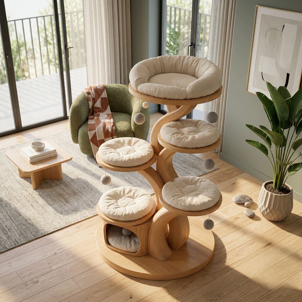 Luxury solid wood cat tree tower in a contemporary living space