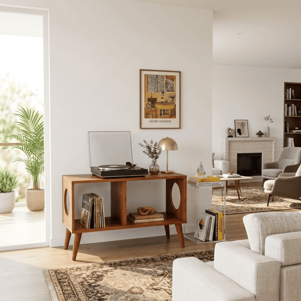 Mid-century solid wood record player stand in a contemporary interior