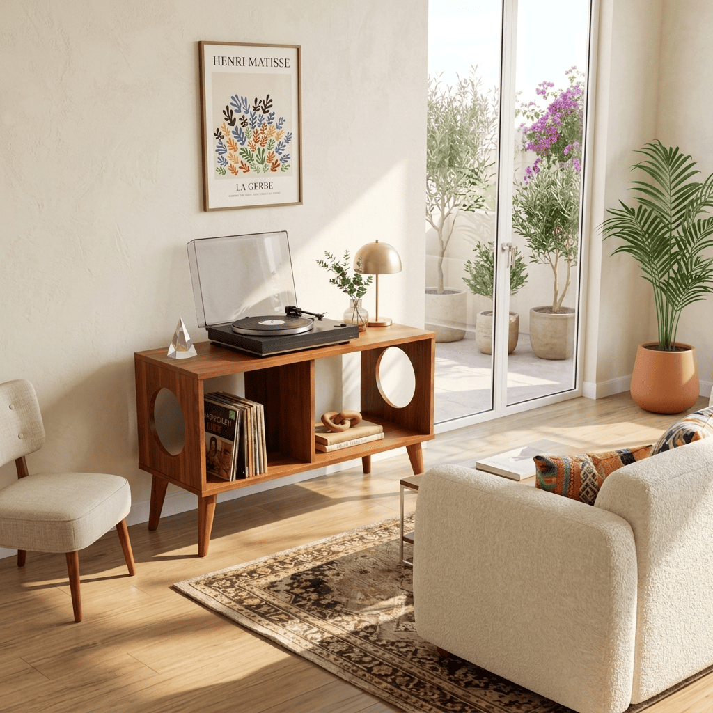 Solid wood record player stand with vinyl storage in a cozy listening space