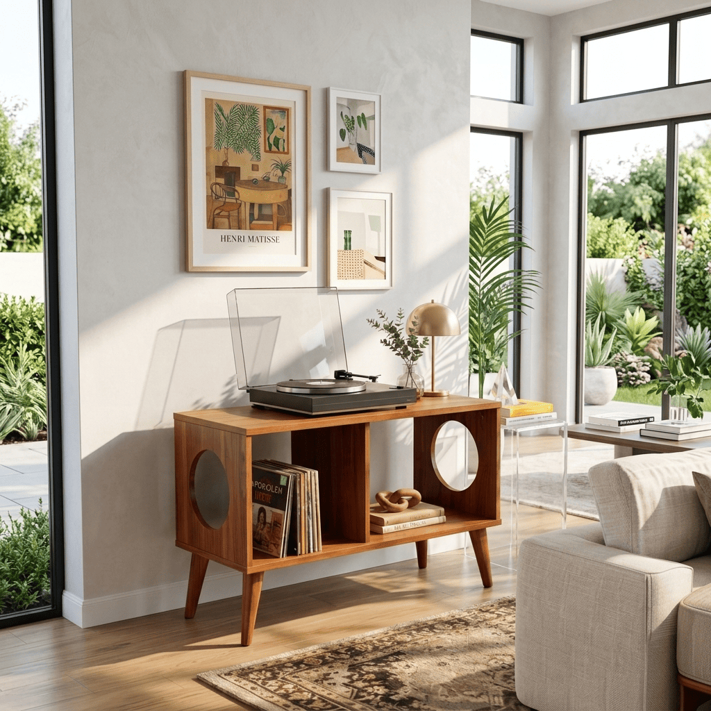 Mid-century wooden vinyl record stand in a modern interior