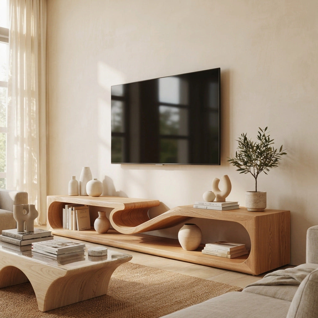 Sculptural solid wood wave TV stand in a contemporary living room