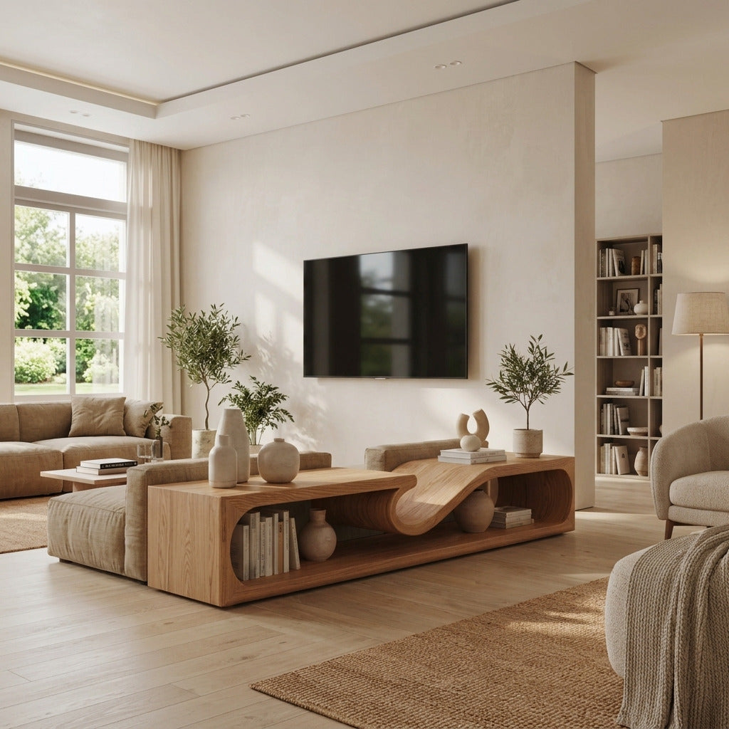 Modern solid wood low media console table in a minimalist home