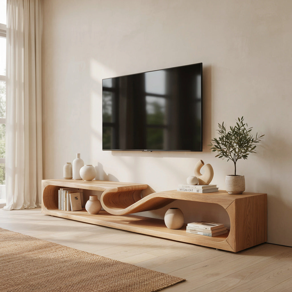 Artistic solid wood wave TV console in a stylish living space