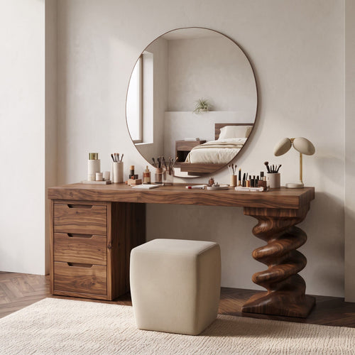 Sculptural Spiral Column Solid Wood Vanity Table with Three Drawers
