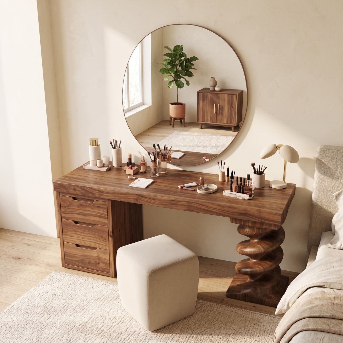 Sculptural spiral column solid wood vanity table in a contemporary bedroom