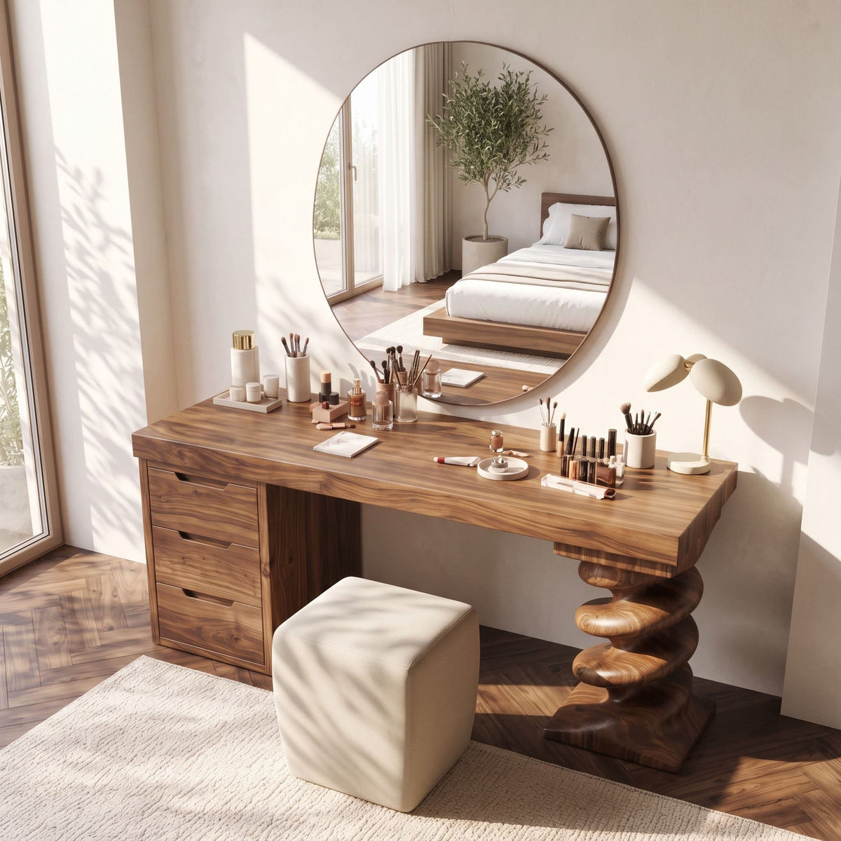 Spiral column solid wood vanity table showcased as a statement bedroom piece