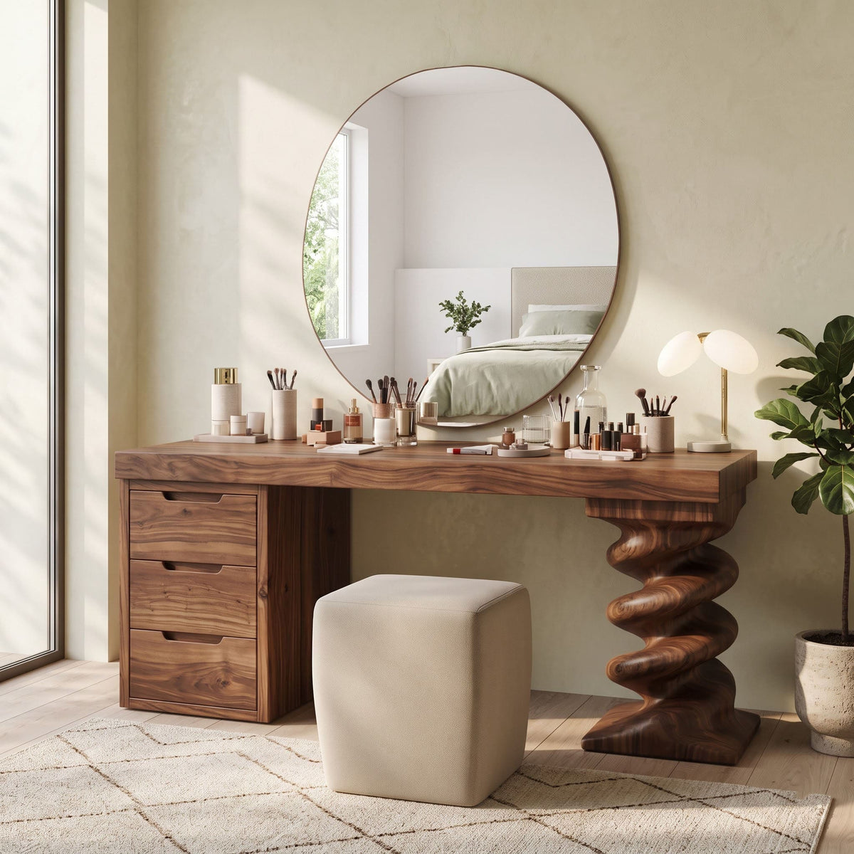 Sculptural solid wood vanity table featured in a sophisticated bedroom interior