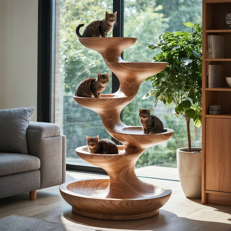 Tiered modern feline lounger in solid wood